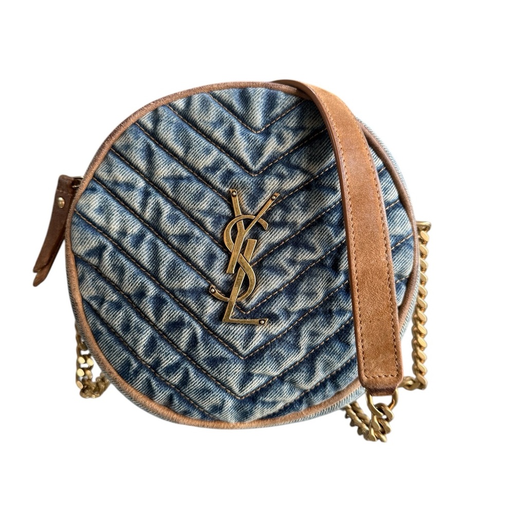 Authentic Yves Saint Laurent Denim and Tan Quilted Round Camera Bag